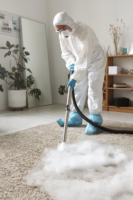 A woman with curly hair, wearing a beige jacket and blue jeans, vacuuming a patterned area rug with a yellow and black vacuum cleaner in a living room. The room has wooden flooring adjacent to the rug